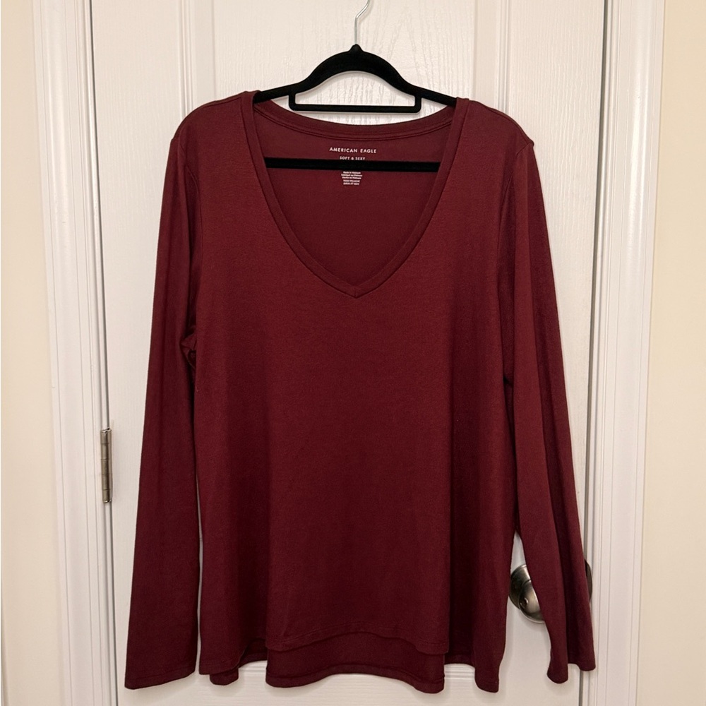 American Eagle Outfitters Deep Red V-Neck Long Sleeve Top